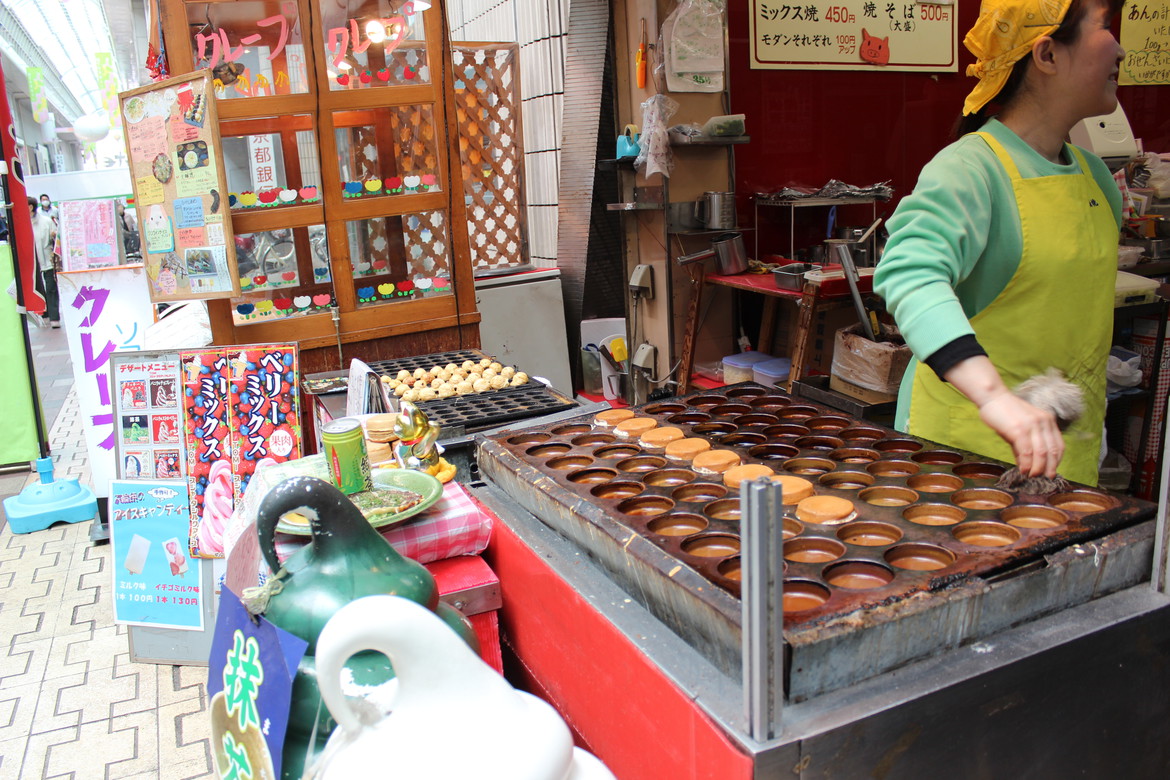 Freshly made stuffed pancakes and takoyaki.