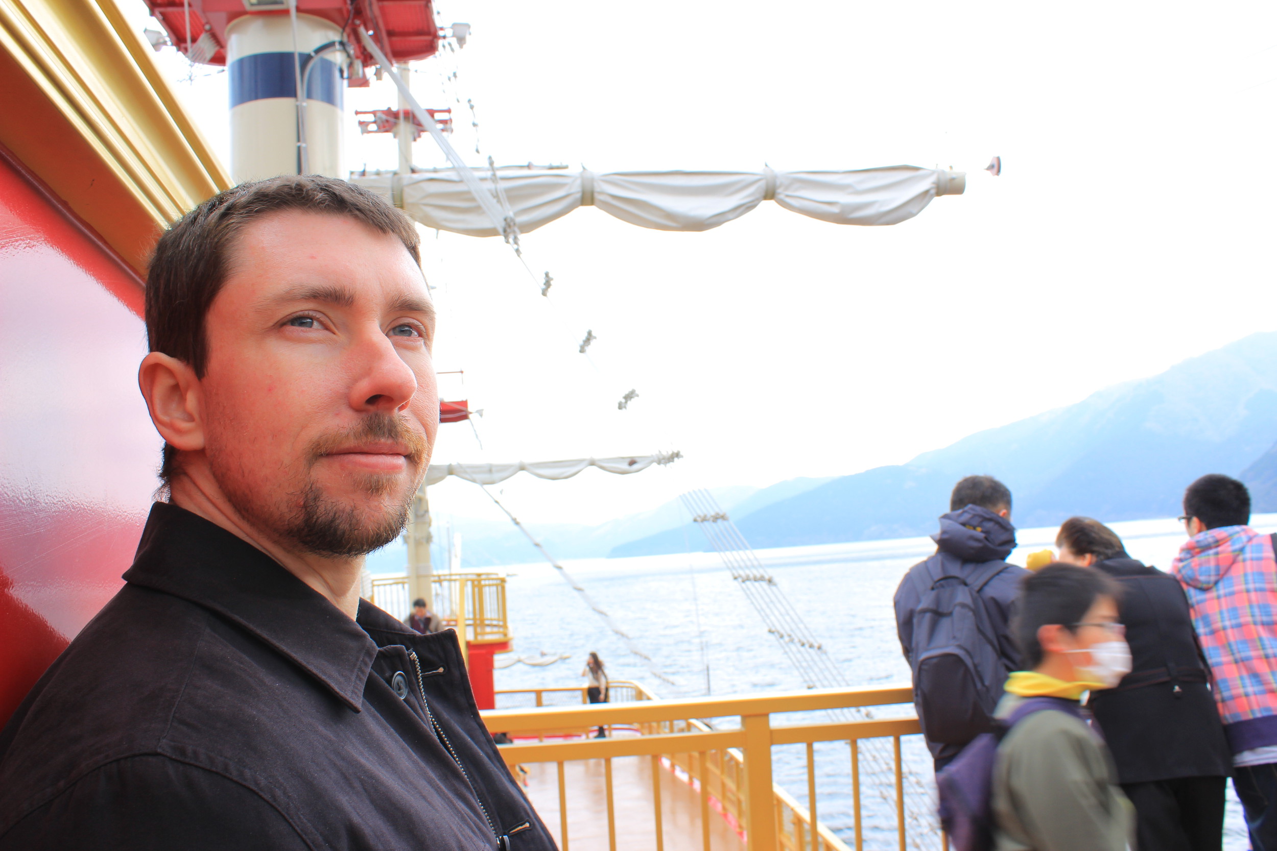 Adam out on the deck on Lake Ashinoko.