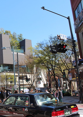 A shiny mall entrance and rooftop garden.