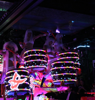 two groups like this were playing drums on separate platforms.