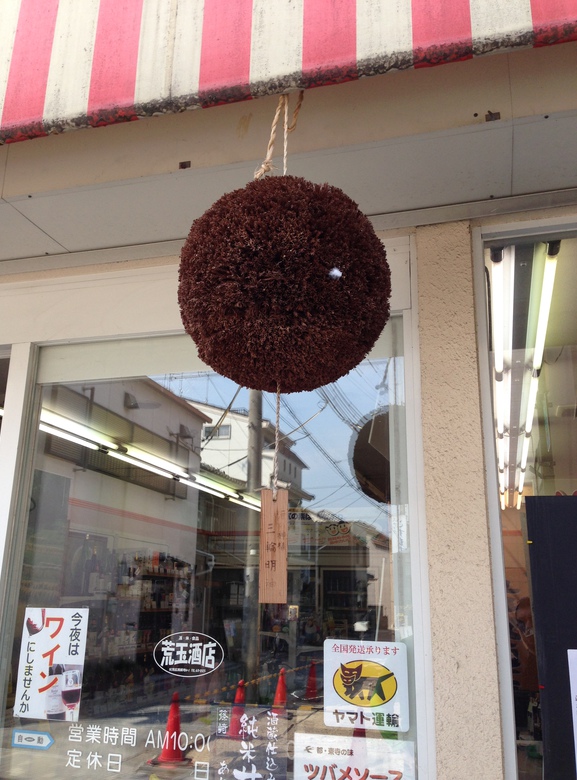 A ball made from a Japanese Cyprus tree. This indicates that the store sells sake.